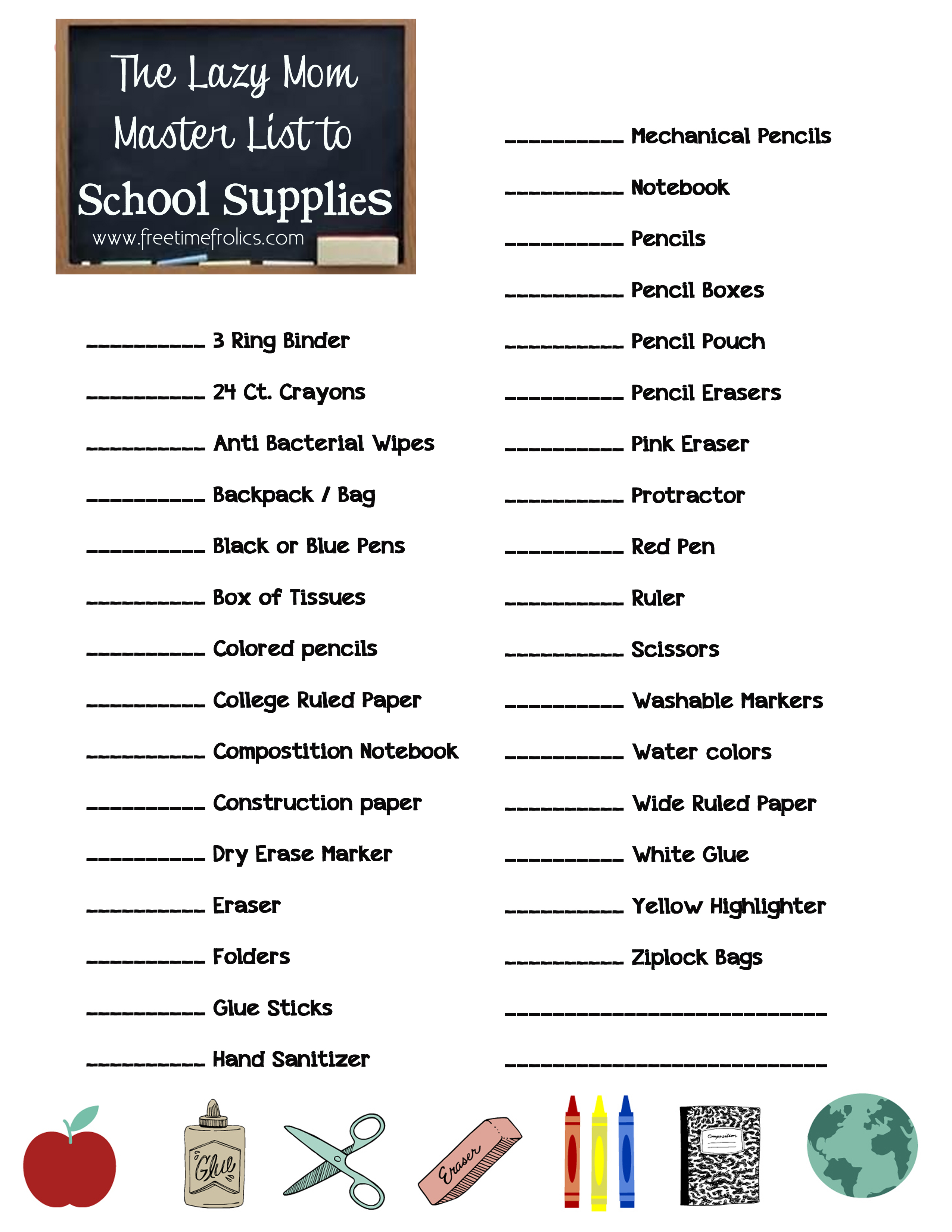 School Supplies printable checklist