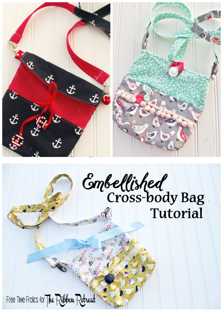 embellished cross-body bag sewing tutorial www.freetimefrolics.com #ribbonretreat #ribbon #fringe #buttons